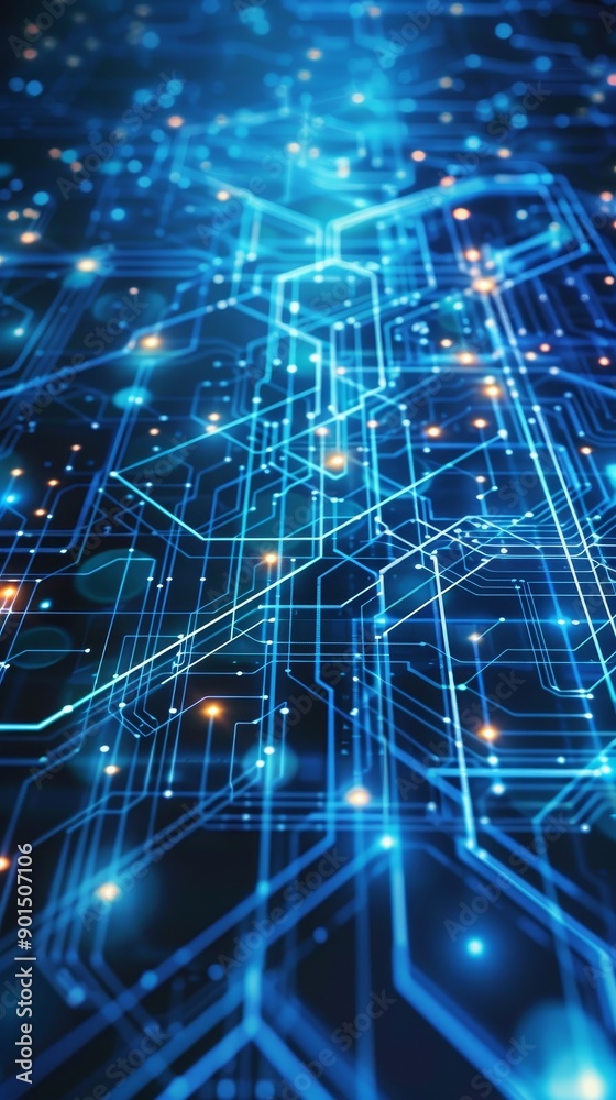 Poster artificial neurons, global data connections - stock image of an abstract quantum computing system wi