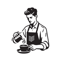 black-and-white vector illustration of a barista wearing an apron, preparing
a coffee drink