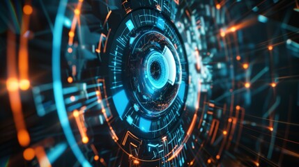 Obraz premium Modern robot eyes on a background of a blue eye cyber security concept. Motion blur of the pixel eyeball, a modern technology concept.
