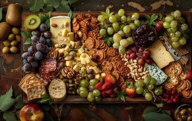 A vibrant charcuterie board with assorted cheeses, crackers, fruits, and nuts on a rustic wooden surface.