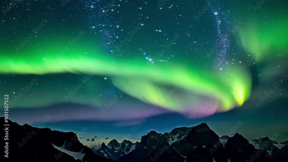 Poster set against a starry sky the northern lights above the mountains create a peaceful and enchanting at