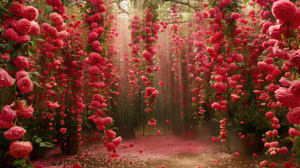 Elegant colorful with vibrant flower hanging branches illustration background. Bright color 3d abstraction wallpaper for interior mural, Generated by AI	