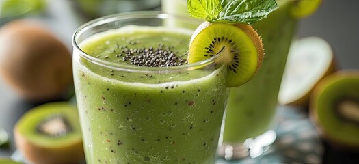 Refreshing green smoothie with kiwi fruit served in glass, garnished with chia seeds and mint. Healthy vegan drink for a nutritious breakfast.