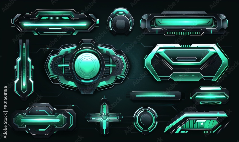 Poster ui elements designed with green color frames and hologram window on black background with green user