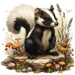 Cute Skunk Sitting on a Rock in a Forest