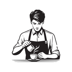 black-and-white vector illustration of a barista wearing an apron, preparing
a coffee drink