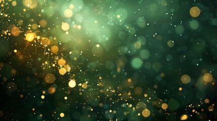 Gold bokeh on defocused emerald green banner background.