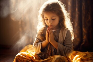 Little girl praying in the morning light child contemplation.