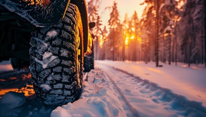 An image of the tires of a car on a snowy road in winter. Winter tires.