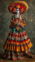 Fototapeta premium Woman wearing traditional colorful mexican dress and skull mask posing in studio