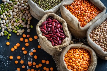 Fototapeta premium Different type of raw dry legumes composition. Mix organic legume concept