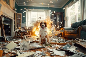 Playful Dog in Disorganized Room