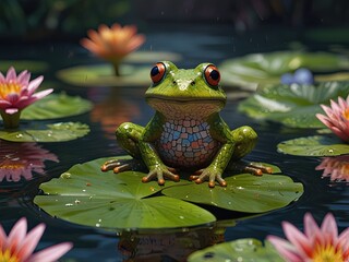 Green amphibian with bulging eyes perches on lily pad, water droplets glistening on vibrant skin