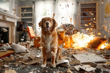 Playful Dog in Disorganized Room