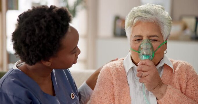 Senior, woman and caregiver with oxygen on sofa for breathing treatment, support and helping for respiratory therapy. Old person, nurse and nebulizer for chronic asthma management and medication.