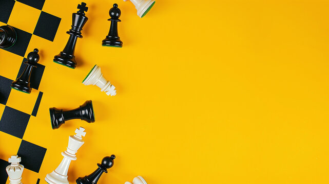 Chess pieces black and white on a yellow background with a chessboard with space for text. Design frame for text, business advertising and international chess day
