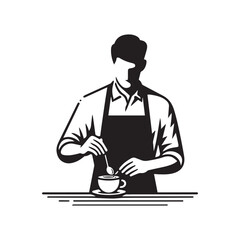 black-and-white vector illustration of a barista wearing an apron, preparing
a coffee drink
