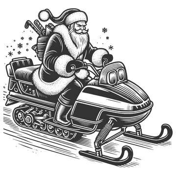 recommend clip art: Santa Claus riding snowmobile, carrying sack of gifts, holiday delivery in winter sketch engraving generative ai fictional character raster illustration. Scratch board imitation. Black and white image