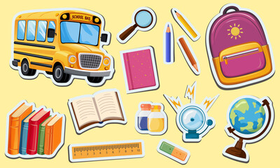 Back to school. Vector set of school supplies stickers. Cute school icons backpack, bus, globe, books, pencils, ruler, magnifying glass, bell. 