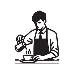 black-and-white vector illustration of a barista wearing an apron, preparing
a coffee drink