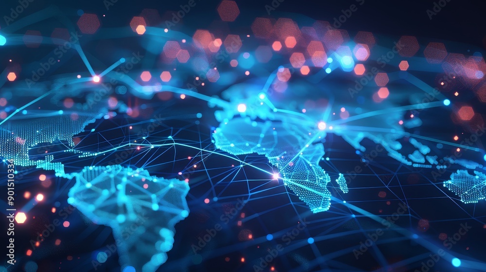 Poster global communication and business network concept using digital world map with virtual network conne