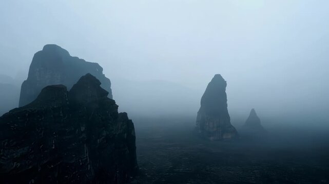 A sense of isolation and solitude permeates the eerie landscape of rock formations covered in dense fog.