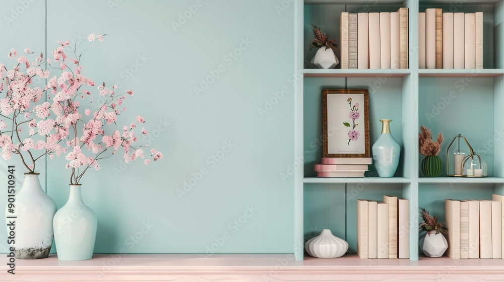Aufkleber A shelf unit displays decorative items like books, vases, and photo frames, creating a stylish backdrop against a soft pastel wall. Generative AI