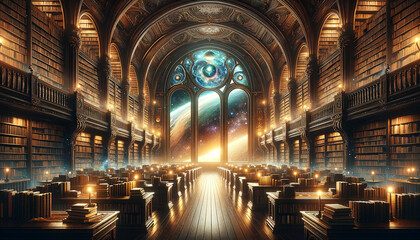 Obraz premium Step into a world where knowledge meets the cosmos in this magnificent library