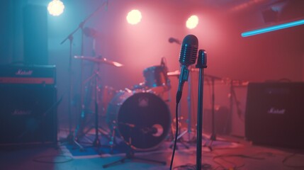 A microphone on a stand waits for a performer to take the stage at an open mic night event