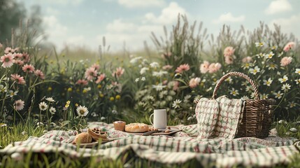 Fototapeta premium Cozy picnic setup with basket and food on checkered blanket in blooming meadow with flowers under clear sky. Perfect for a peaceful day outdoors.