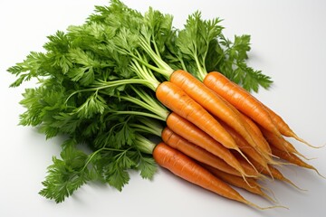 A carrot with green leaves and a white background, generative IA