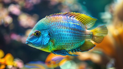 Fototapeta premium Colorful pet fish swim in the aquarium close, aquarium, Colorful
