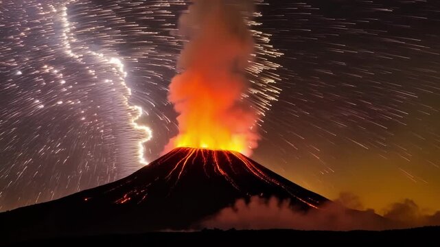 The night sky is transformed into a canvas of fiery colors as a volcano erupts against the backdrop of ling stars.
