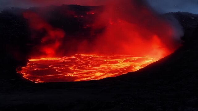 An eerie red glow emanates from the depths of the volcano giving the illusion of an inferno ped underground.