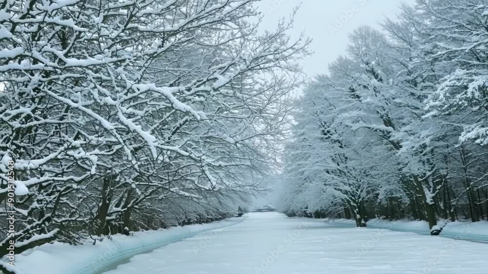 Poster Footage of winter trees lining the sides of the frozen river their branches dusted with a light layer of frost.