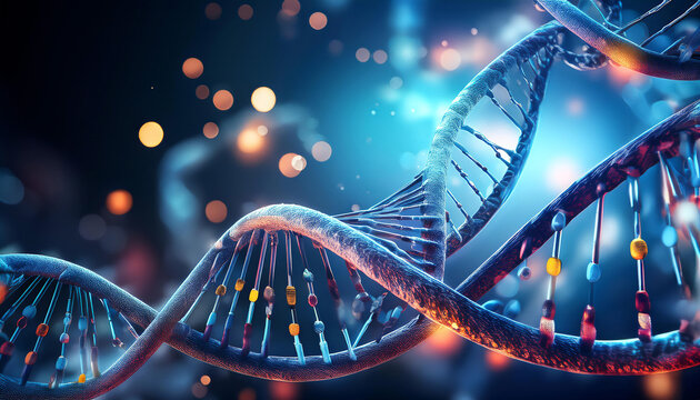 Structure of DNA and its role in genetic research, featuring symbols like the double helix, nucleotides, and genetic code, ideal for topics related to biology, genetics, and medical science.