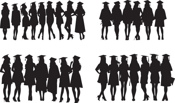 Set of black silhouette vector of graduator students, group of girls complete her graduation