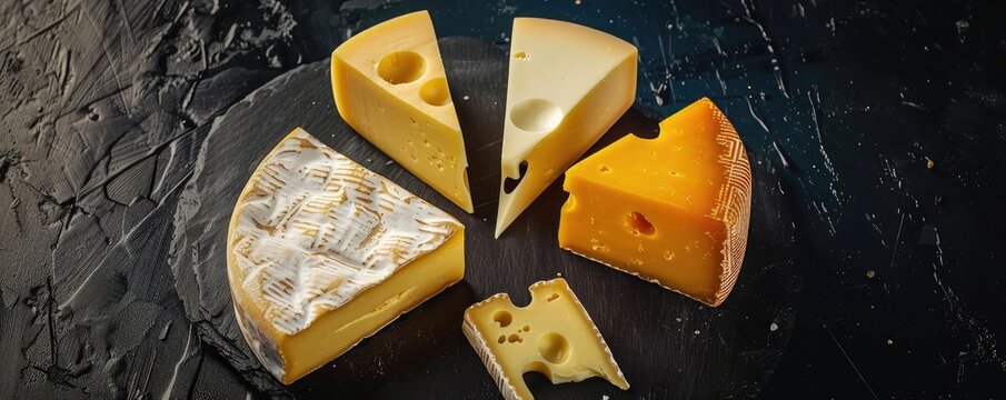 Assorted cheese varieties arranged in a circle on a dark background, showcasing a delicious dairy selection for food lovers.