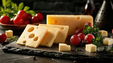 Close-up of sliced Swiss cheese with cherry tomatoes and fresh herbs on a wooden board, showcasing a delicious and tempting presentation.
