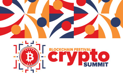 Obraz premium Crypto Summit. Blockchain Festival. Digital money and smart online technology. Finance, banking and business illustration. Cryptocurrency mining. Bitcoin logo. Flat design. Vector poster