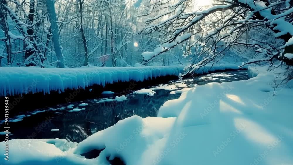 Poster A small stream flows through the frozen forest its water glimmering in the early morning light and surrounded by delicate icicles hanging from the trees.