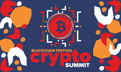 Obraz premium Crypto Summit. Blockchain Festival. Digital money and smart online technology. Finance, banking and business illustration. Cryptocurrency mining. Bitcoin logo. Flat design. Vector poster