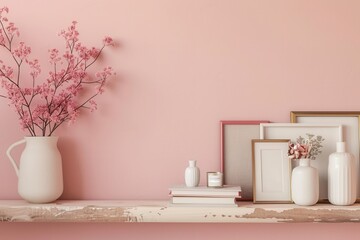 A shelf displays decorative vases, books, and photo frames, creating a harmonious arrangement against a soft pastel wall for a stylish interior touch. Generative AI