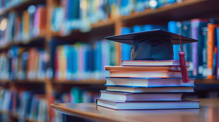The concept of obtaining higher education. A stack of books and a graduate cap against the background of shelves with books.