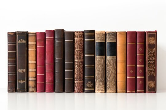 Spines of old books on a shelf publication furniture library.