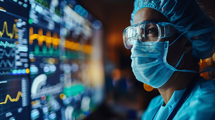 A woman wearing a mask and glasses stands in front of a monitor. She is a doctor. Concept of professionalism and dedication to her work