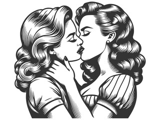 two women kissing, romantic, playful mood with intricate detail sketch engraving generative ai fictional character raster illustration. Scratch board imitation. Black and white image.