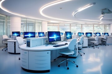 Computer lab technology furniture monitor.