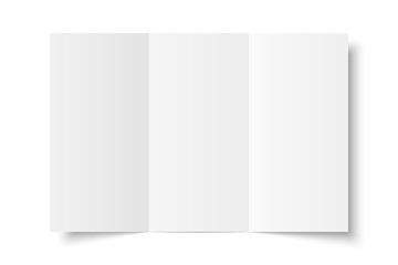 Vector white blank vertical three panel roll fold opened on white background. Trifold, leaflet, brochure, booklet, flyer or invitation card mockup. Mock up front side isolated. 3D illustration