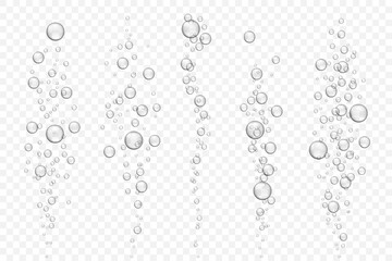 Vector set of underwater air bubble flow isolated on light background. Fizzing bubbles in aquarium, champagne or effervescent drink. 3d transparent realistic oxygen gas texture.
